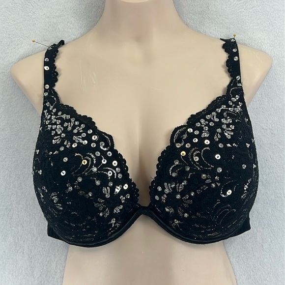 Cacique Beautiful Plunge Bra Size 44DD Black with Lace/Sequins EUC - Picture 1 of 8